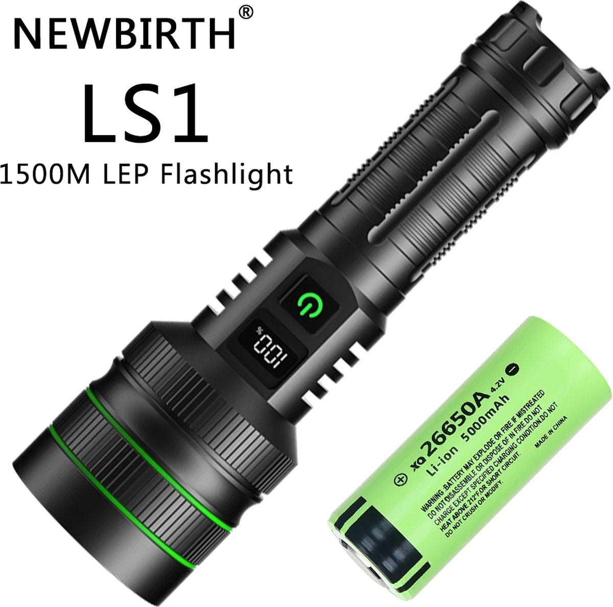 Tactical LED Flashlight with Battery Display and Zoom Function! - 5 Modes - USB-C Rechargeable
