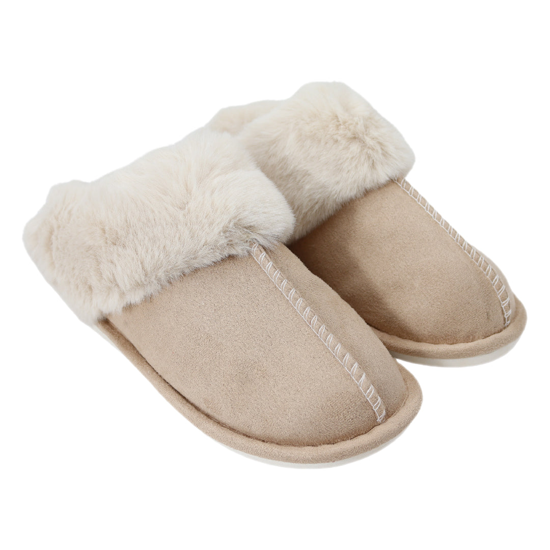 Beige dames pantoffels met nepbont