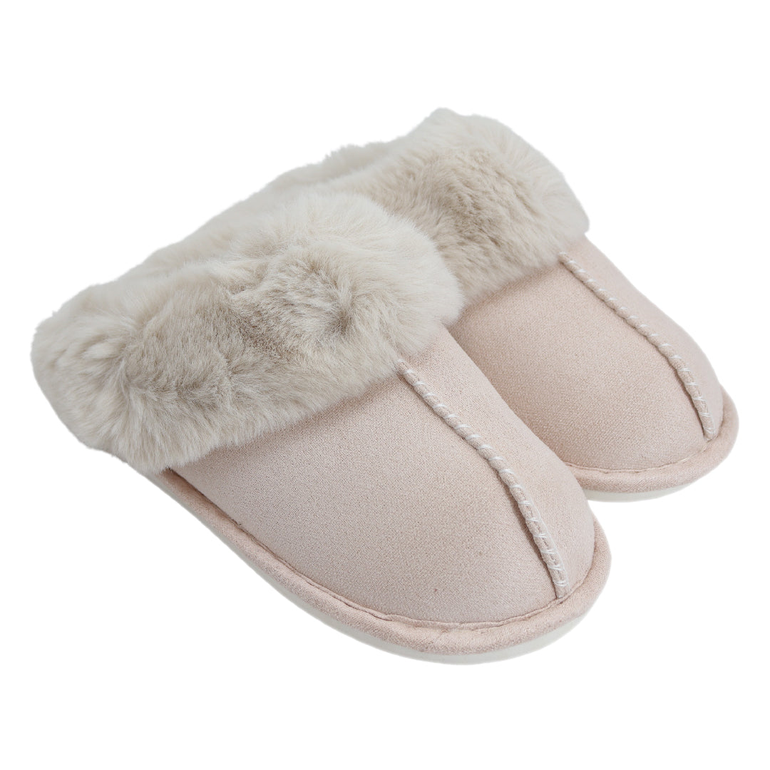 Baby pink dames pantoffels met nepbont - Sloffen babyroze met nepbonte voering