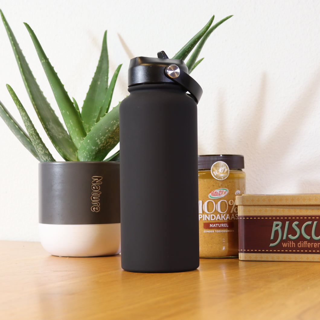 Thermos water bottle 1 liter - Insulated Water Bottle with Rotatable Drinking Spout - Black