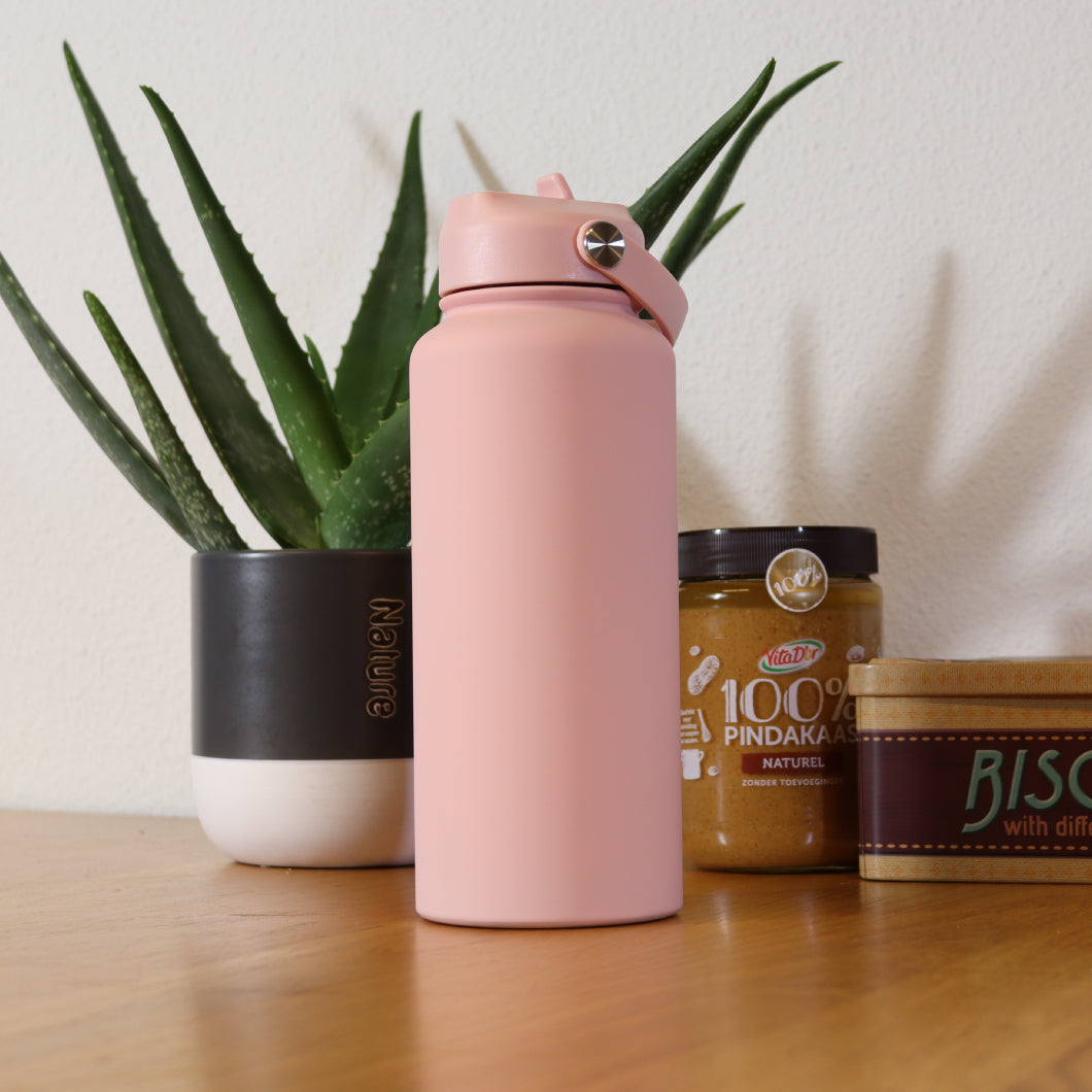 Thermos water bottle 1 liter - Insulating Water Bottle with Rotatable Drinking Spout - Blush Pink - Pink