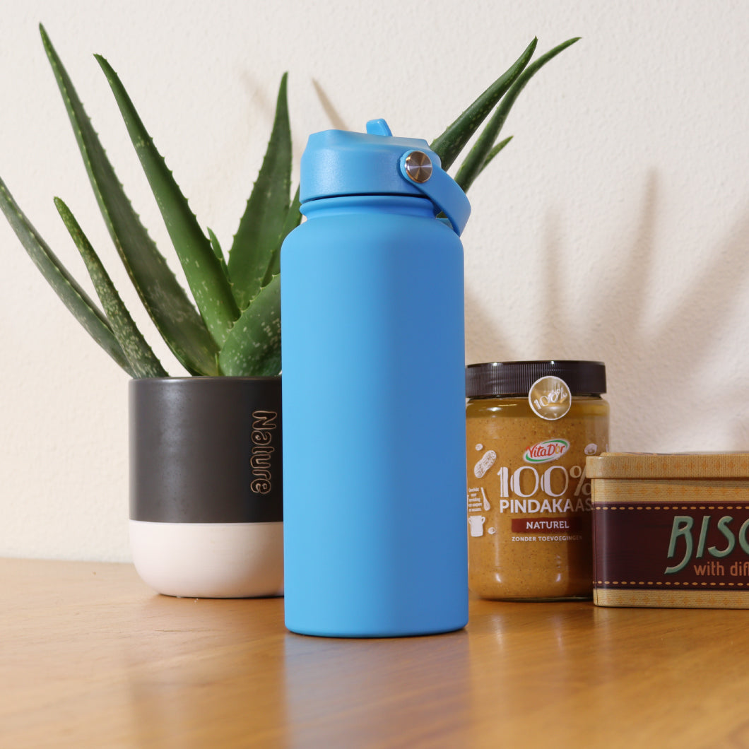 Thermos water bottle 1 liter - Insulated Water Bottle with Rotatable Drinking Spout - Aqua Blue - Blue