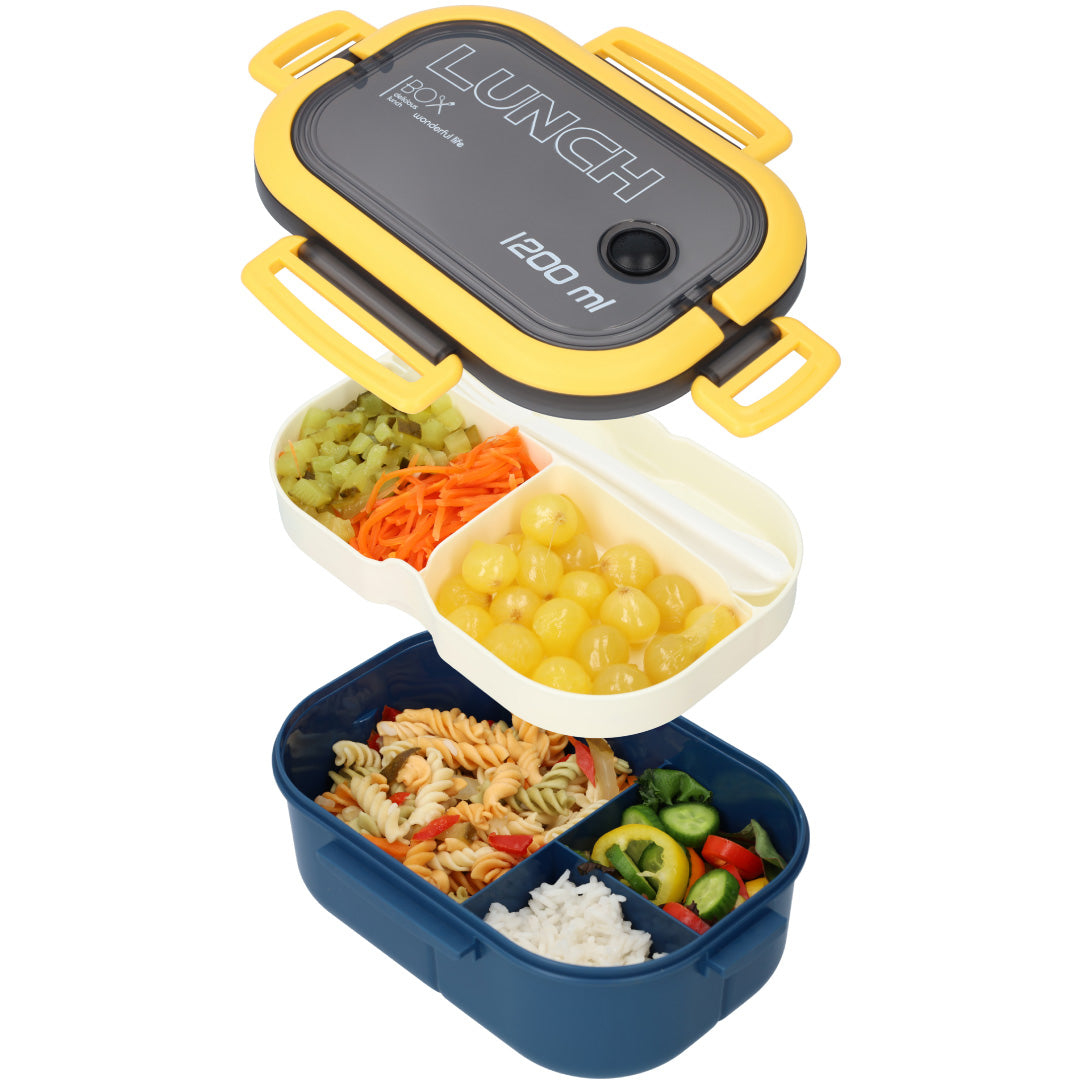 Lunchbox - Luxe bentobox - 3 vakjes - Lepel en vork inbegrepen - Ook te gebruiken als broodtrommel - Luchtdicht en lekvrij - 1200 ml - Blauw
