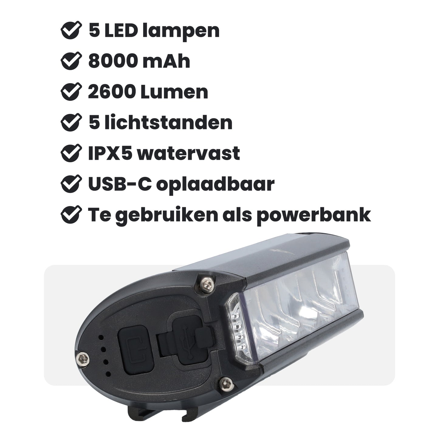 Fietslampje - Fietslamp voor elke fiets - met 5 LEDs - Fietslicht met 5 Standen - 2600 Lumen - Zwart