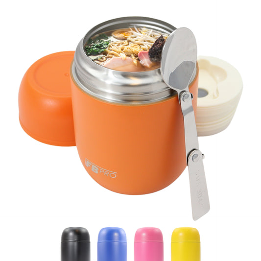 Thermos voedselcontainer met lepel - Thermoskan - Thermosbeker voor het meenemen van eten - Voedsel container voor soep, noodles, babyvoeding, havermout, ijs en meer! - Soepbeker to go - Oranje - 420ml