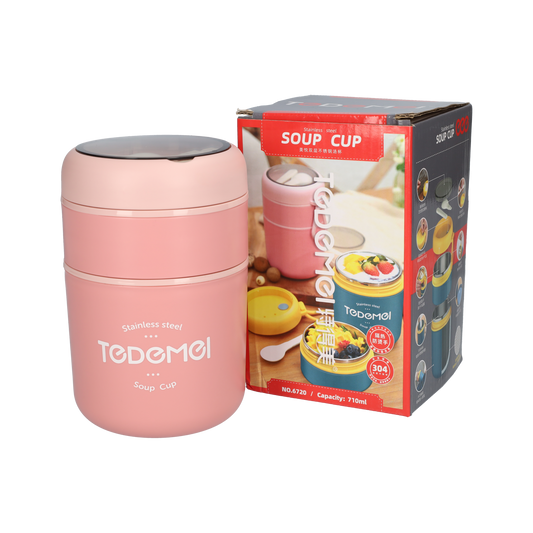 2 Laags Voedselcontainer - Thermos Voedsel Container - met Opvouwbare Lepel - Roze