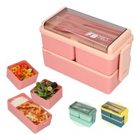 Lunchbox - 1400ml - Met servies en vakjes x3 - Geschikt voor rijst, noodles, groente, vlees en meer! - Voor kinderen en volwassenen - Roze